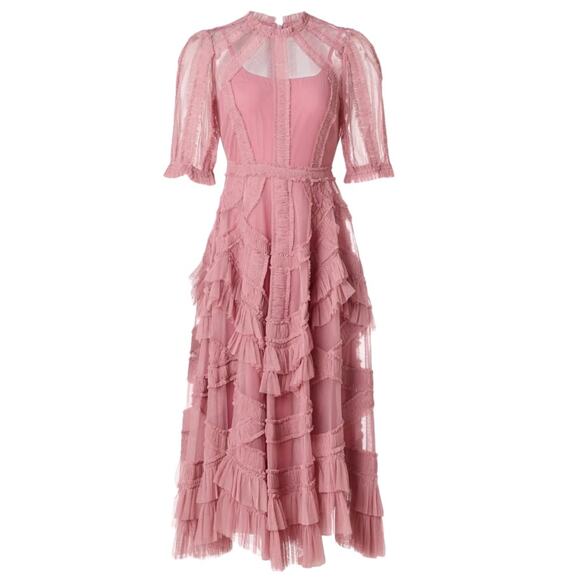 Mac Duggal Pink Mesh Tiered Ruffle Midi Dress SIZE 8 Romantic Designer $700 - Picture 10 of 13